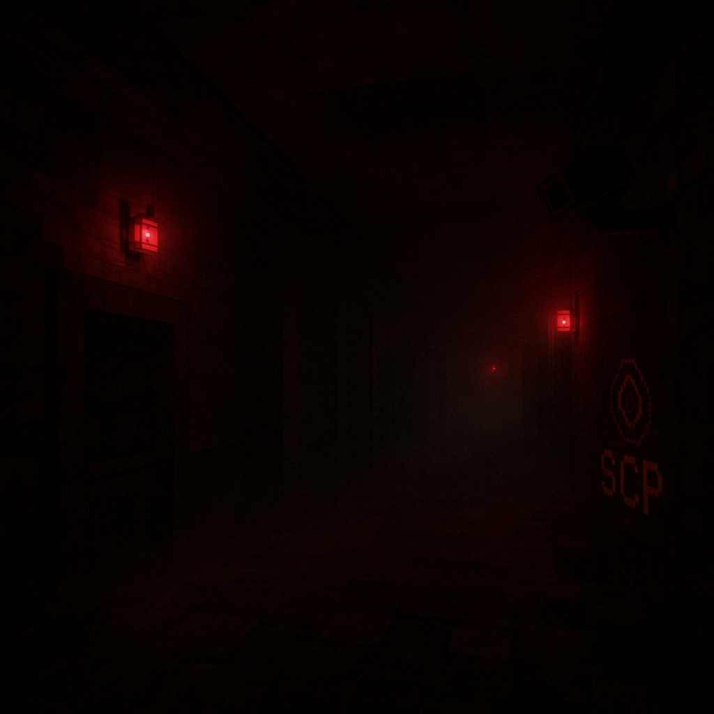 Abandoned SCP containment facility corridor lit by red emergency lights